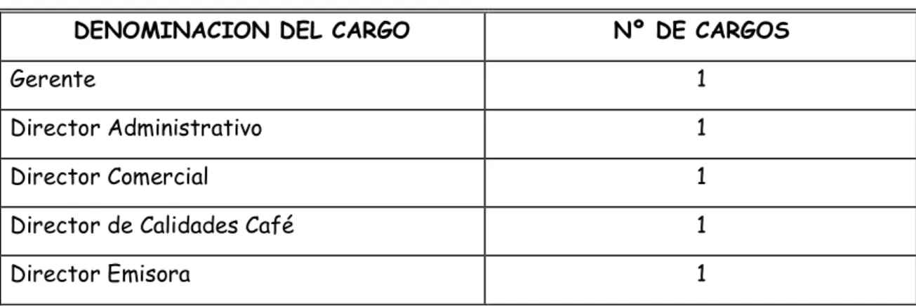 Cuadro 1.  Plan de cargos de Cafenorte 
