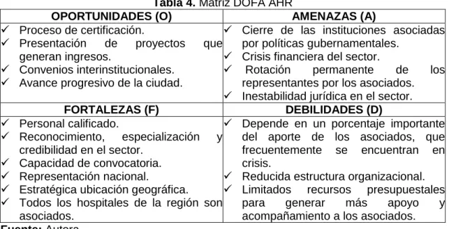 Tabla 4. Matriz DOFA AHR 