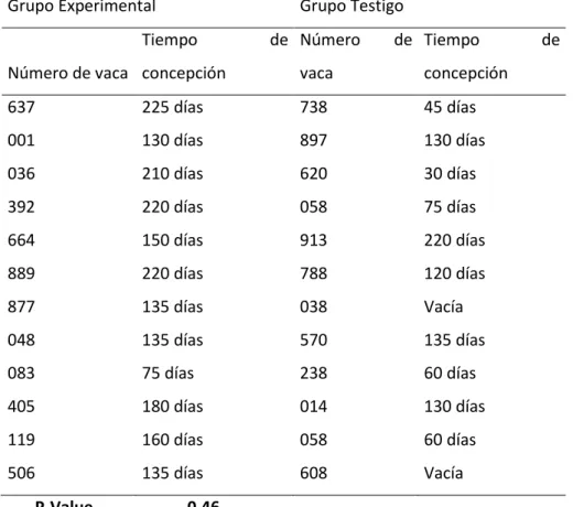 Tabla 6. Promedio de días abiertos del grupo experimental. 