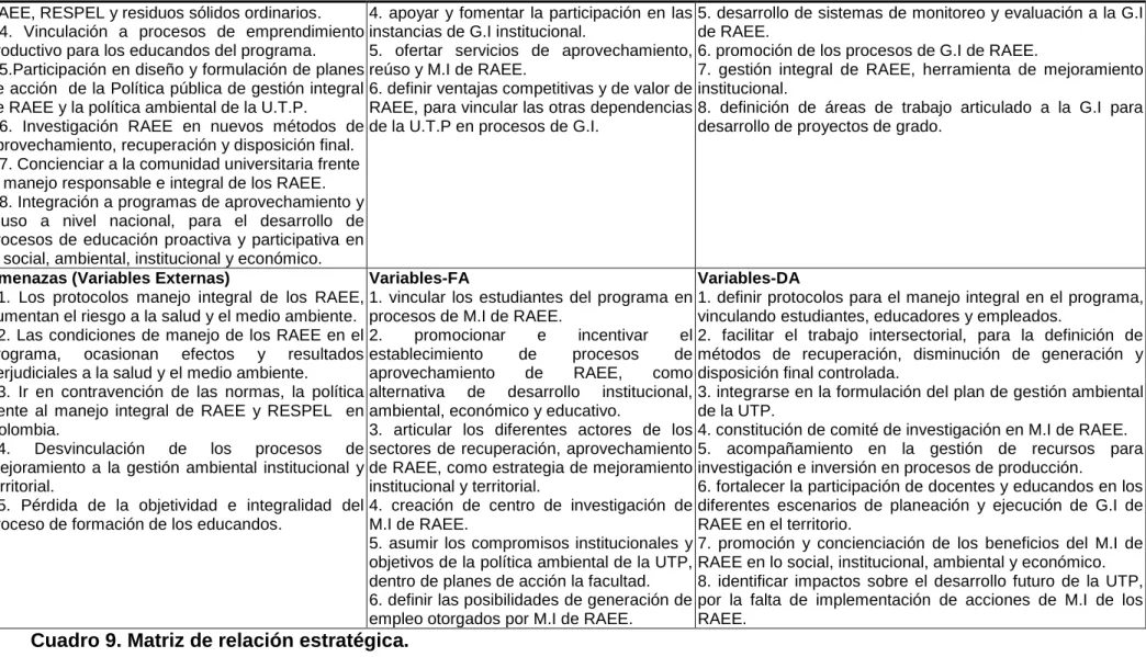 Cuadro 9. Matriz de relación estratégica. 