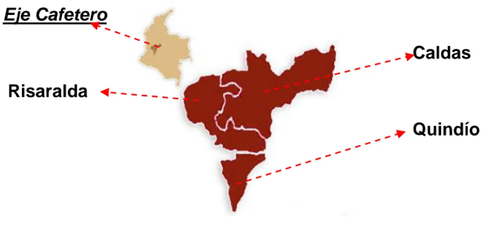 Figura 3.  Mapa de Ubicación Geográfica del Eje Cafetero. 