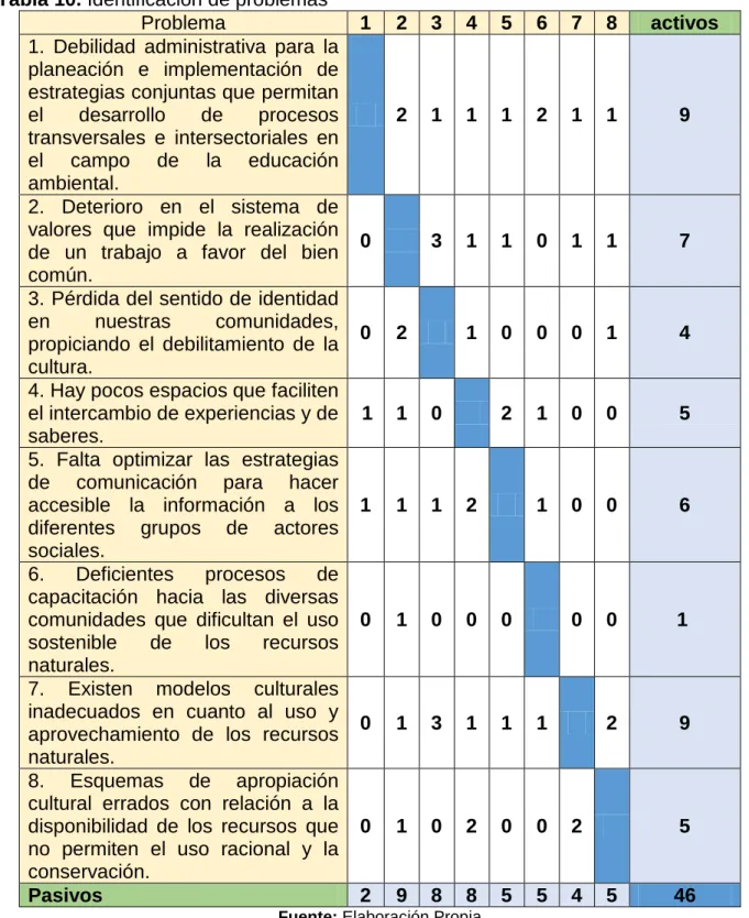 Tabla 10. Identificación de problemas 