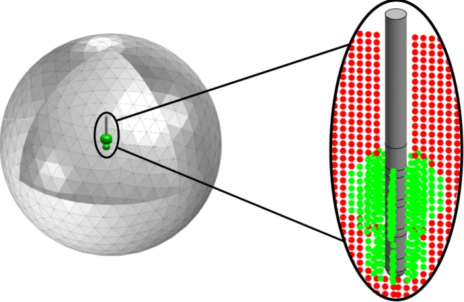 Figure 6.4: The sphere represents the region of interest (subthalamic nucleus), where the direct problem was solved