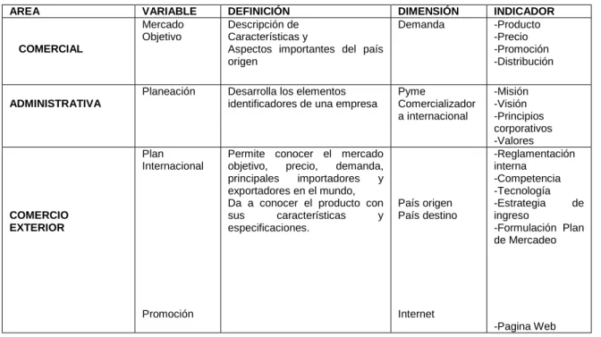 Cuadro  2. Variables e indicadores para el estudio de factibilidad 