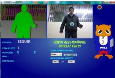 Figura 3. 24 Programa para KINECT donde la imagen de profundidad muestra al  usuario en verde en estado de seguimiento listo 