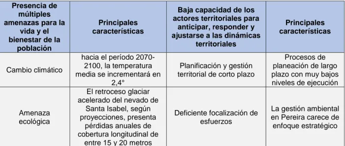Tabla 1. Aspectos importantes de la problemática ambiental de Pereira. Elaboración propia