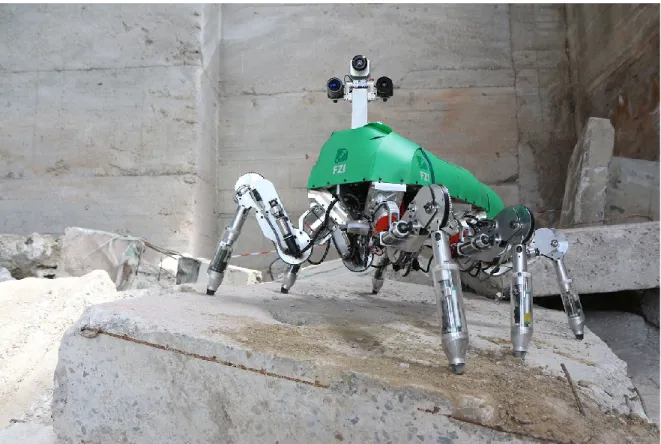 Figure 2.6 shows the six-legged walking robot LAURON V with improved kinematics and robust mechanical structure