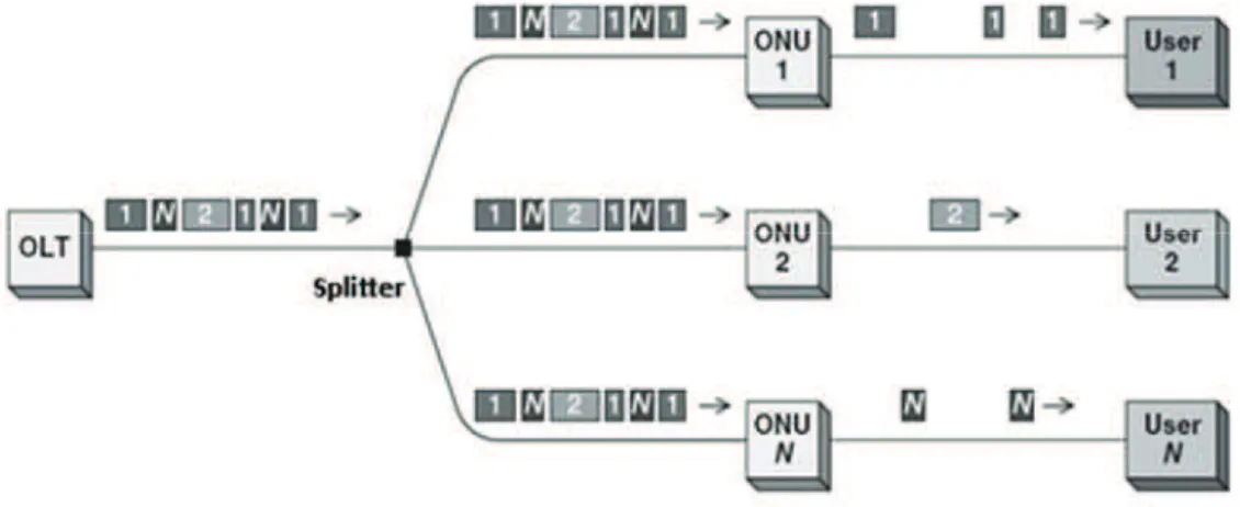 Fig. 1.24  Transmisión downstream en EPON  [10]