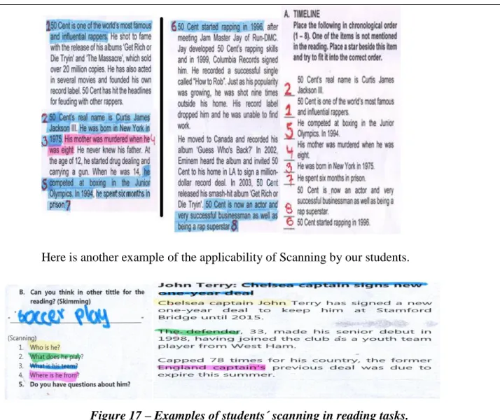 Figure 17 – Examples of students´ scanning in reading tasks.