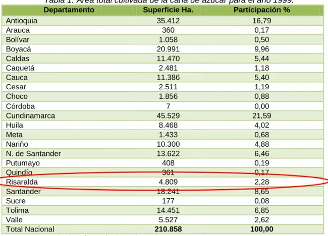 Tabla 1. Área total cultivada de la caña de azúcar para el año 1999. 