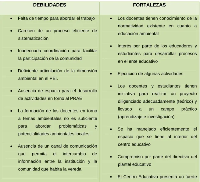 Tabla 3. Diagnostico del PRAE a partir de la DOFA 