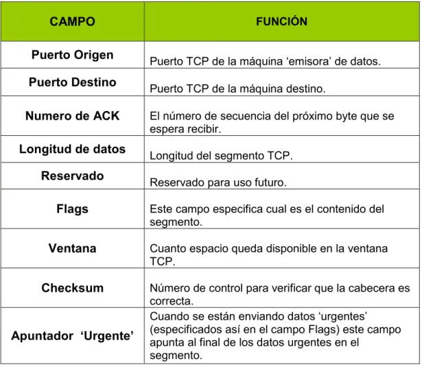 Tabla 1-2. Estructura de los paquetes TCP. 