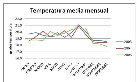 Figura 7. Temperatura total mensual 2004 – 2005 - 2006. 