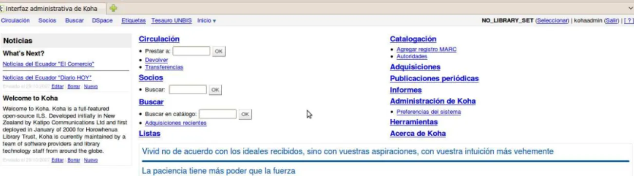 Figura 2.4 Página de visualización de KOHA para los Administradores de la BIEE 