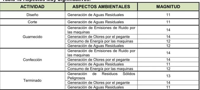 Tabla 43 Aspectos Muy Significativos.