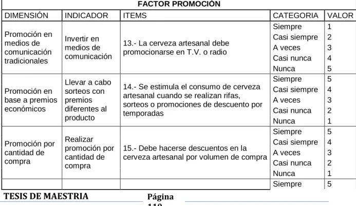 Tabla 12 Constructo Factor Promoción 