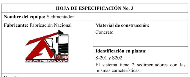 Tabla 4.9. Hoja de especificación del sedimentador 