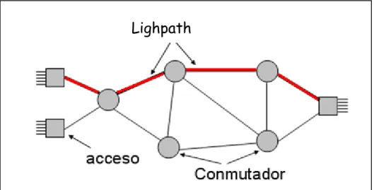Fig. 1 – 6. Lighpaths en una red de conmutación de circuitos óptica [8]