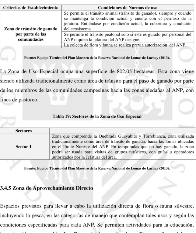 Tabla 19: Sectores de la Zona de Uso Especial