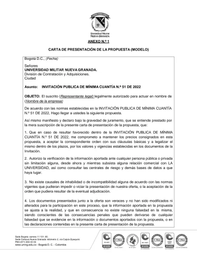 ANEXO N.º 1 CARTA DE PRESENTACIÓN DE LA PROPUESTA (MODELO)