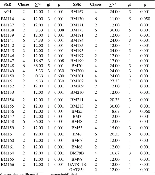 Cuadro 8. Resumen del análisis de Chi cuadrado (×²) para los resultados del análisis de  PCR con 57 marcadores SSR