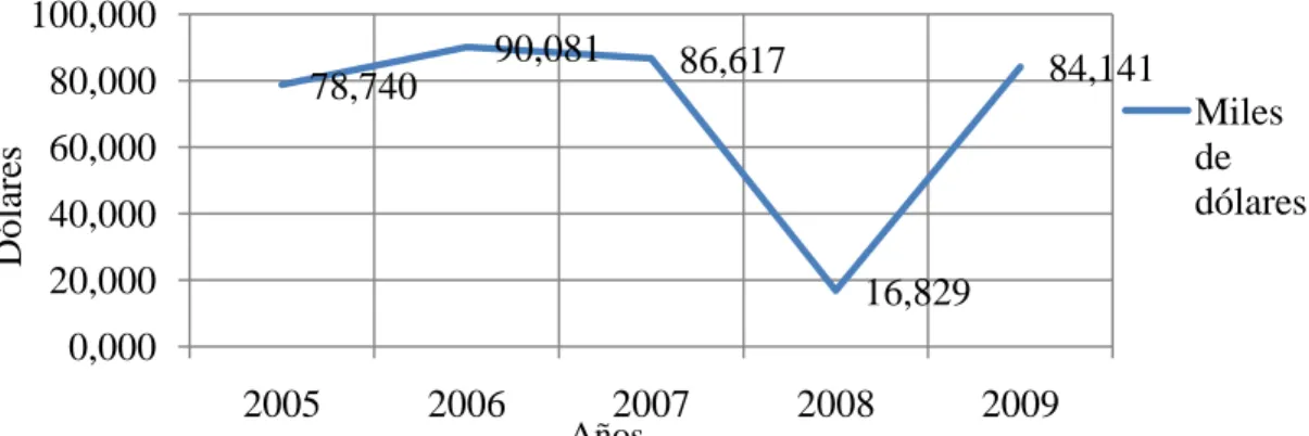 Figura 8. Exportaciones de Piña Fresca registradas en el Banco Central del Ecuador años  2005, 2006, 2007, 2009