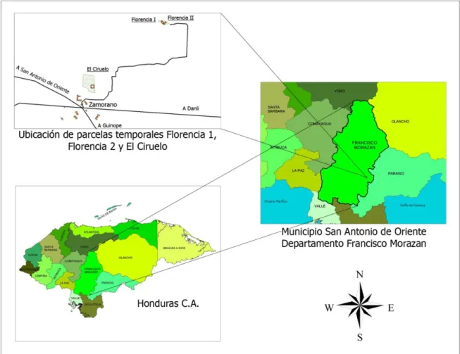 Figura  1.  Ubicación  geográfica  de  las  parcelas  de  estudio  de  Khaya  senegalensis  Zamorano, Honduras, 2010