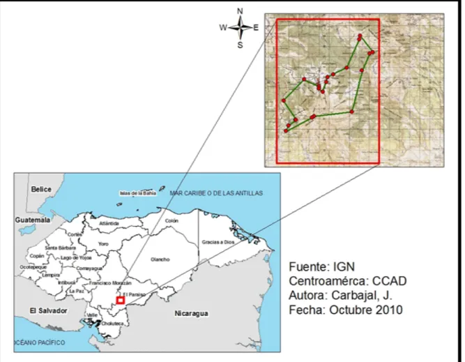 Figura  1.  Ubicación  de  el  “Corredor  Biológico  de  Uso  Múltiple  Texiguat”  y  puntos  de  muestreo, El Paraíso, Honduras, 2010