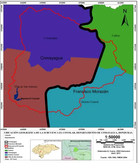 Figura  1.  Ubicación  geográfica  El  Coyolar,  Comayagua  y  Francisco  Morazán,  Honduras