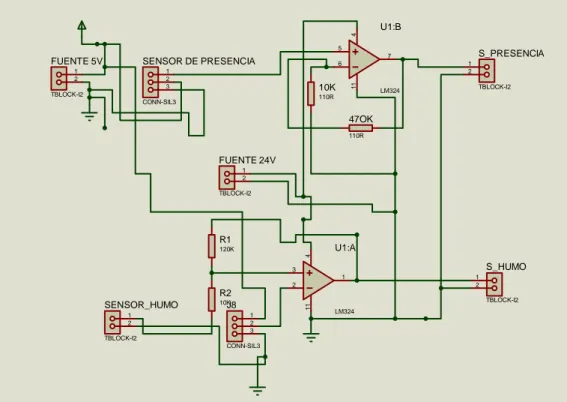 Figura 2.34 Circuito de acondicionamiento para el sensor de presencia y el de humo