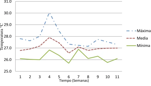 Figura  2.  Temperatura  del  agua  en  jarros  McDonald  del  sistema  de  incubación  artificial  para huevos de tilapia roja en la EAP, Honduras