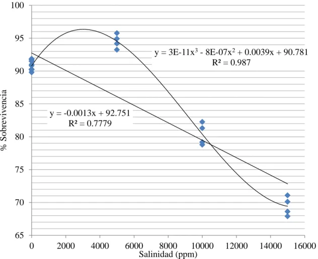 Figura 4. Regresión lineal y curva lineal entre la sobrevivencia de huevos de tilapia roja y  la salinidad del agua usada para la incubación artificial en jarros de McDonald