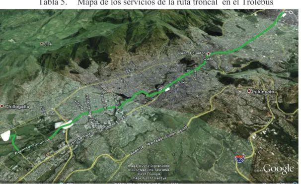 Tabla 5.  Mapa de los servicios de la ruta troncal  en el Trolebús 