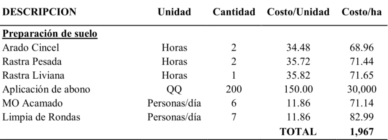 Cuadro 4. Costo de preparación de suelo para la plantación en dólares/ha. 
