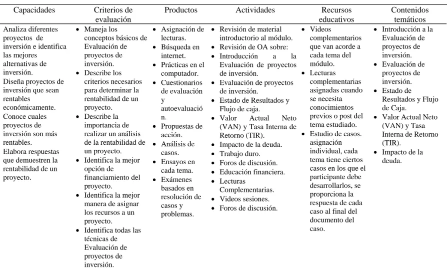 Cuadro 2. Matriz general de contenido: Módulo evaluación de proyectos de inversión 