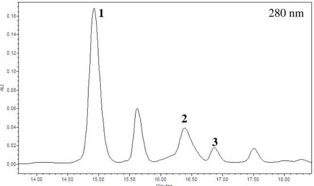 Figura  2.  Cromatograma de muestra analizada en HPLC, mostrando los picos de los  polifenoles cuantificados del extracto de mango expuestos a diferentes tratamientos