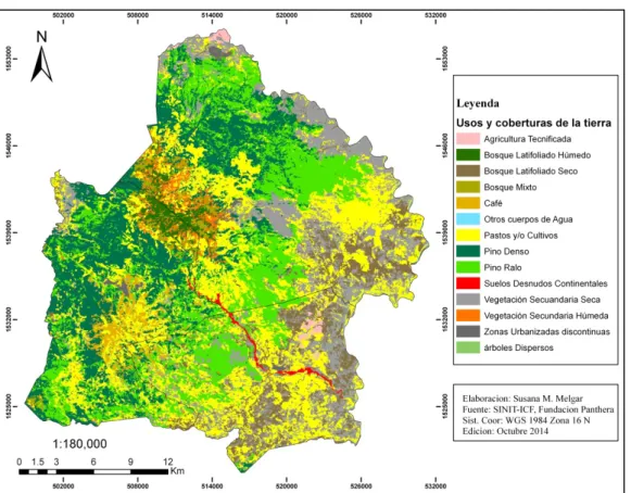 Figura 4. Mapa de usos y coberturas de la tierra en el Corredor Biológico La Unión, 2014