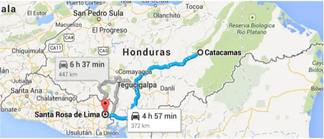 Figura  6.  Ruta  de  exportación  de  Catacamas,  Olancho  a  San  Salvador.  (Google  Maps  2014) 