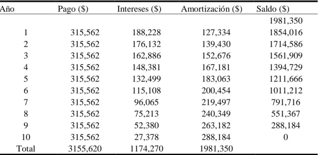 Cuadro 8. Amortización por anualidades del préstamo al Banco Pichincha. 
