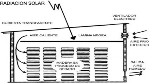 Figura 2. Principio general de un secador solar para madera aserrada  Fuente: Salas et al 2008