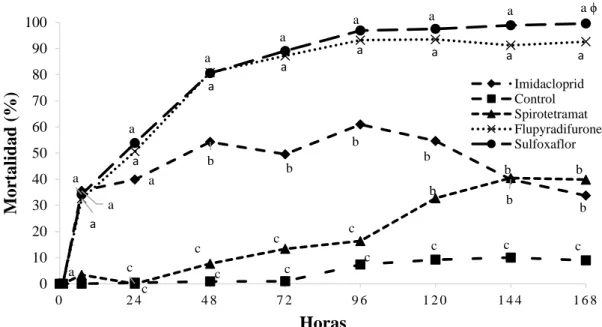 Figura 1. Porcentaje de mortalidad de ninfas y adultos de Myzus persicae por efecto de los  diferentes insecticidas evaluados a la 1, 7 24, 48, 72, 96, 120, 144, 168 horas después de  aplicación