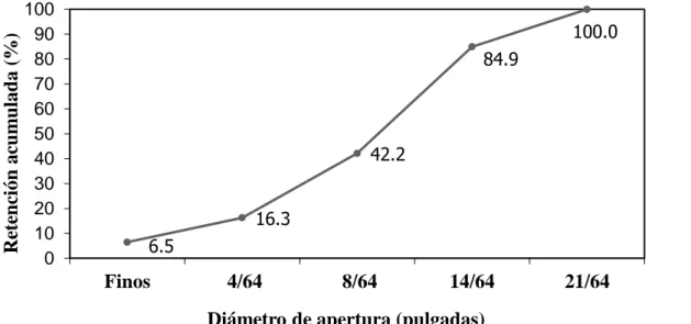 Figura  5.  Granulometría  presentada  en  semilla  de  piñón  molida  por  molino  de  disco  presentada en porcentajes acumulados