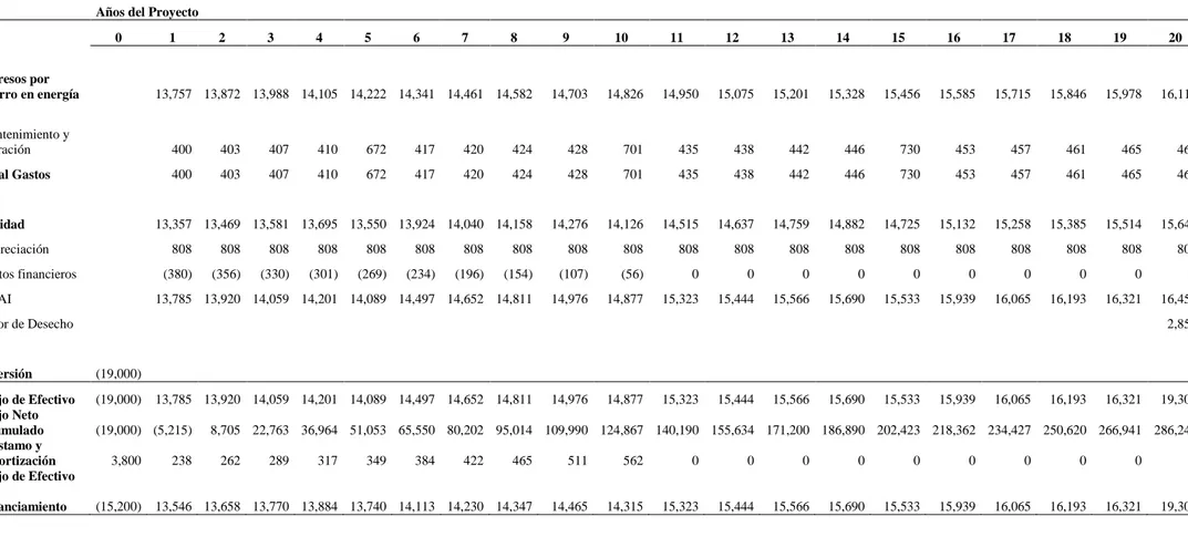 Cuadro 2.   Flujo de caja del proyecto de la sustitución de calentadores de agua convencionales a calentadores de agua solares con  financiamiento (USD) 