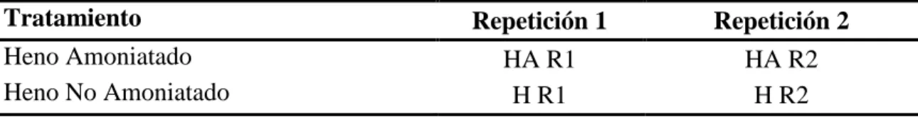 Cuadro 1. Diseño experimental para evaluación de tratamientos de heno amoniatado y heno  no amoniatado