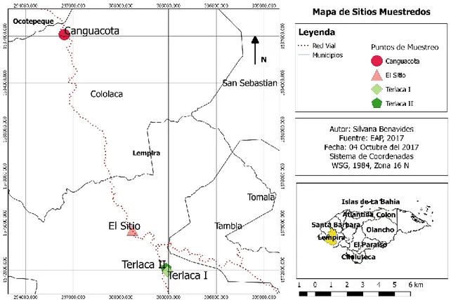 Figura 1. Localización de los sitios de muestreo en el Sector del Occidente de Honduras