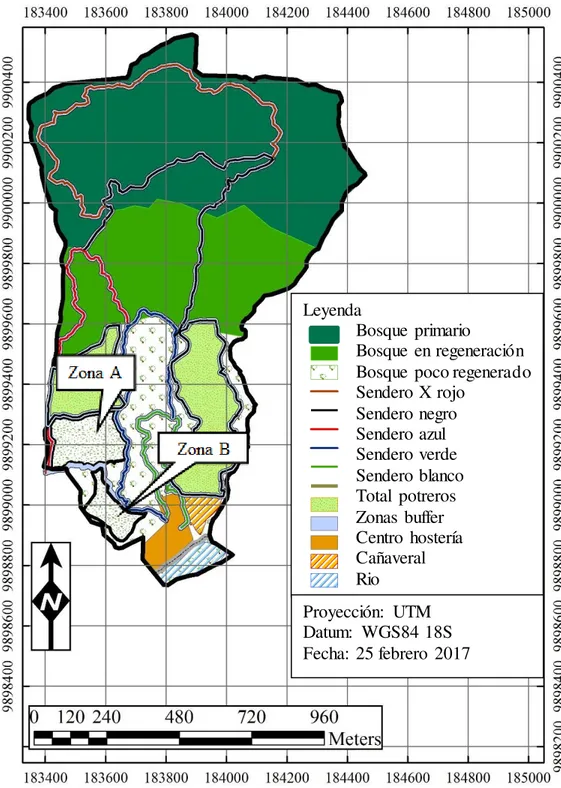 Figura  5.Usos y coberturas  del terreno,  y zonas  de estudio  de la  hostería  Hakuna  Matata