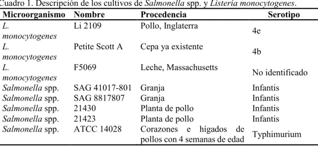Cuadro 1. Descripción de los cultivos de Salmonella spp. y Listeria monocytogenes. 