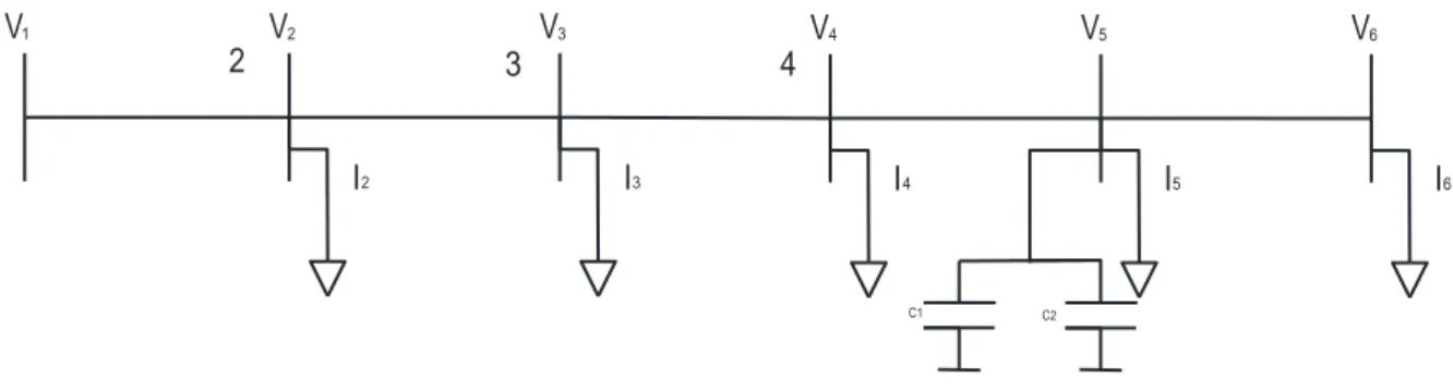 Figura 2.6. Sistema de distribución de 6 nodos con conexión de 2 capacitores  Fuente: [Elaboración propia] 
