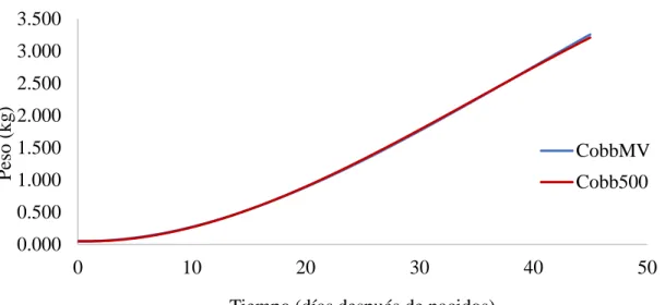 Figura    1.  Función  de  crecimiento  en  peso  vivo  (kilogramos)  promedio  de  un  pollo  CobbMV  y Cobb500 en función del tiempo en la Unidad de Investigación  y Enseñanza  Avícola de Zamorano, Honduras, 2017