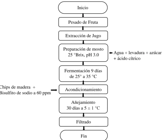Figura 1.  Flujo de proceso de la elaboración de vino de mora.  Adaptado de Lucero 2015  y Gandarillas y Blandón 2012